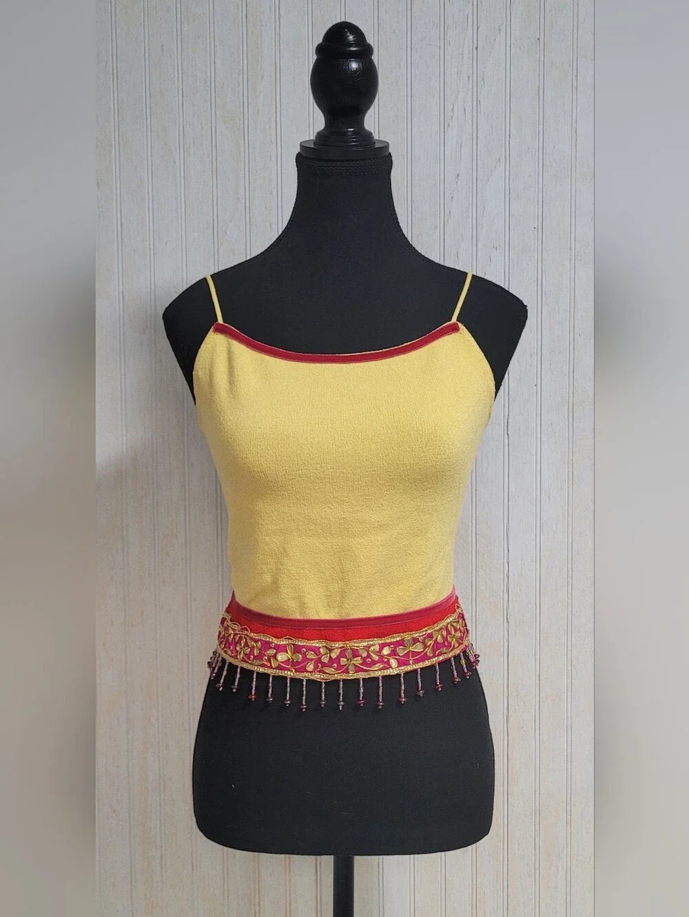 Vintage 90s Y2K Cache Yellow Beaded Fringe Open Back Cami Crop Top Large - Picture 1 of 13
